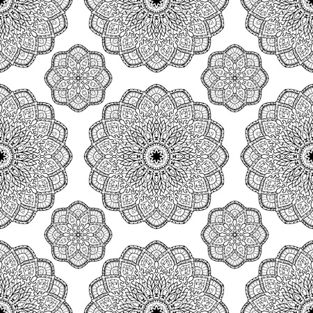 Oriental seamless pattern of mandalas. Vector black and white background. Template for textile, carpet, wallpaper, shawls.のイラスト素材