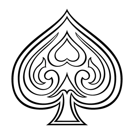 Vector contour suit of playing cards on a white background. Ornamental spades with heart.のイラスト素材