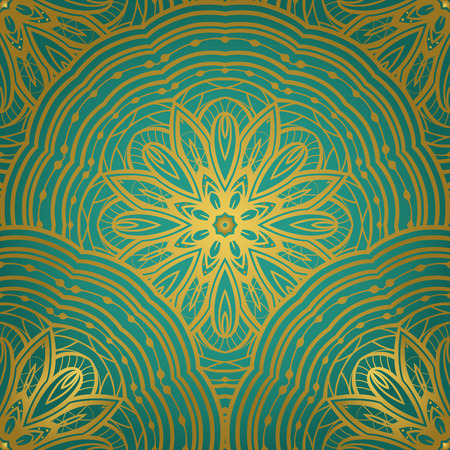 Vector pattern of mandalas. Gold and turquoise ethnic background with stylized abstract plates. Template for curtain, textile, linen, carpet.のイラスト素材