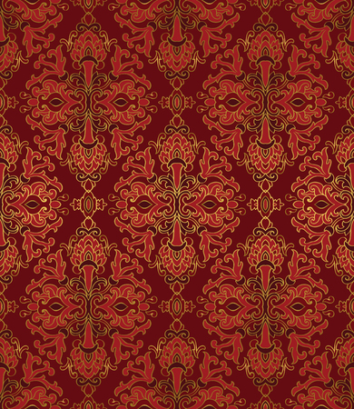 Medieval floral ornament. Template for oriental carpet, textile, shawl, wallpaper. Seamless vector pattern of gold contour on a red background.のイラスト素材