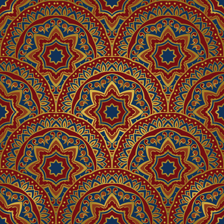 seamless pattern of mandalas with golden contour. Colorful  ornament of round decorative elements. Background with stylized abstract plates. Template for shawl, carpet, linen, textile.のイラスト素材