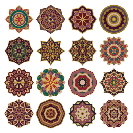 Set of colorful vector mandalas. Collection of stylized round ethnic ornaments. Template for embroidery.  Rich design elements. Colorful patterns.のイラスト素材