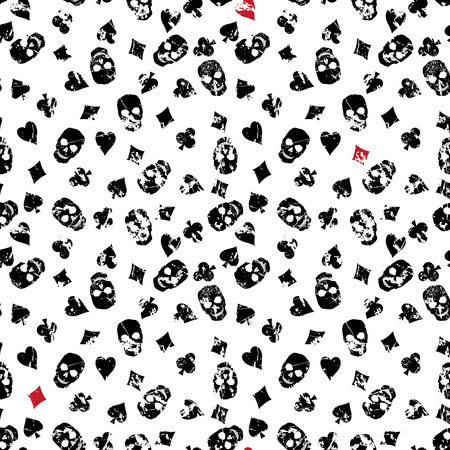Seamless, vector background with suits of playing cards and skulls. Shabby white cloth with a pattern of club, diamond, spade, heart.のイラスト素材