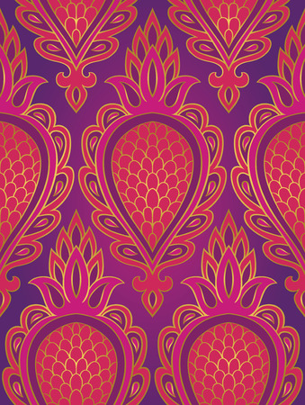 Colorful pattern with abstract fruit. Seamless filigree ornament. Pink and purple template for wallpaper, textile, shawl, carpet.のイラスト素材