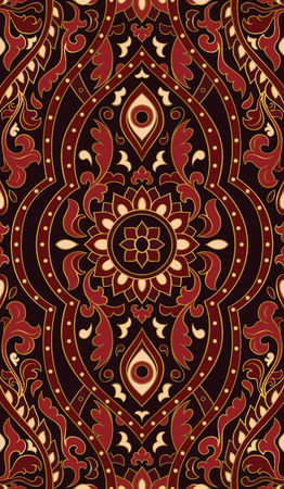 Red abstract pattern. Ornamental filigree ornament. Colorful template for textile, shawl, carpet. のイラスト素材