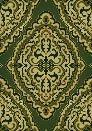 Abstract pattern with damask. Seamless filigree ornament. Green template for wallpaper, textile, shawl, carpet. のイラスト素材