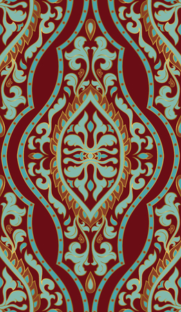Red and blue abstract pattern. Oriental filigree ornament. Colorful template for textile, shawl, carpet. のイラスト素材
