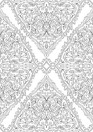 Floral pattern with damask. Seamless filigree ornament. Black and white template for wallpaper, textile, shawl, carpet.のイラスト素材