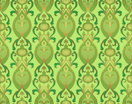 Rich floral pattern. Seamless vector ornament with pomegranate. Green template for wallpaper, textile, linen, shawl, carpet and any surface.のイラスト素材