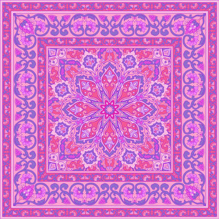 Template for carpet, textile, cushion, shawl. Oriental floral ornament with frame. Pink pattern with ornamental flowers.のイラスト素材
