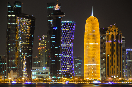 Doha downtown skyline at night. Qatar, Middle Eastのeditorial素材
