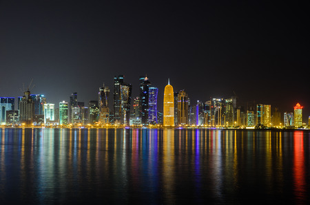 Doha downtown skyline at night. Qatar, Middle Eastのeditorial素材