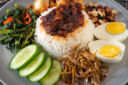 Nasi lemak is a Malay fragrant rice dish cooked in coconut milk and pandan leaf.の写真素材