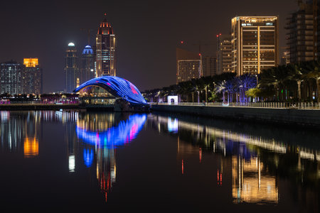 Lusail, Qatar - October 24, 2022: Beautiful night view of Lusail Marina City promenade.のeditorial素材