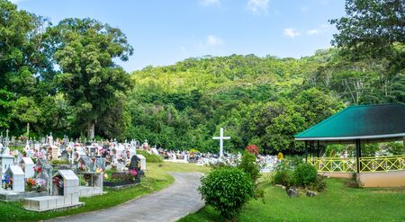 Tropical christian cemetery on La Digue island, Seychellesの写真素材