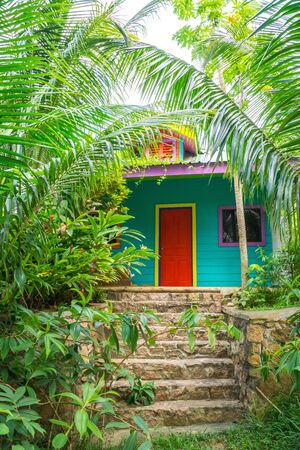 multicolored tropical house in the tropical nature of La digue island, Seychelles.の写真素材