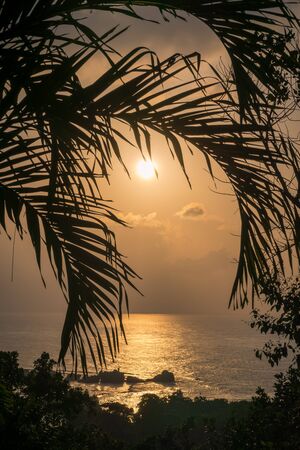 Tropical seascape during sundown. Beautiful natural seascape with boulder rocks in the sea and palm...