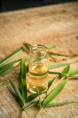 Essential oil in small glass bottle with green bamboo leaves on wooden background. Selective focus and copy space for text. Natural cosmetics.の写真素材