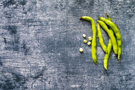 Freshly picked broad beans, Vicia Faba also known as field beans, fava, and tic beans. Isolated on grunge background. copy space for text. view from aboveの写真素材