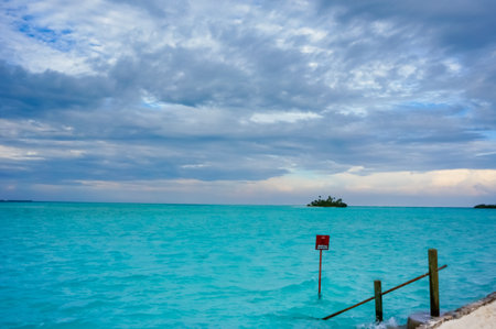 Tropical island with palm trees. empty space with beautiful turquoise lagoon with cloudy sky. a red warning panel in the sea where is written: no swimming.の写真素材