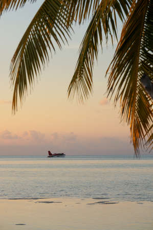 landing of a seaplane on the maldivian lagoon at sunset. luxurious travel conceptの写真素材
