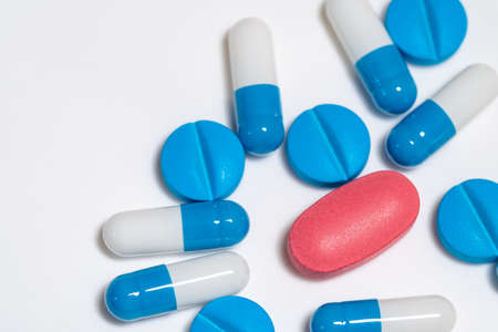 Top view of assorted pharmaceutical medicine pills, tablets and capsules.Pills background.