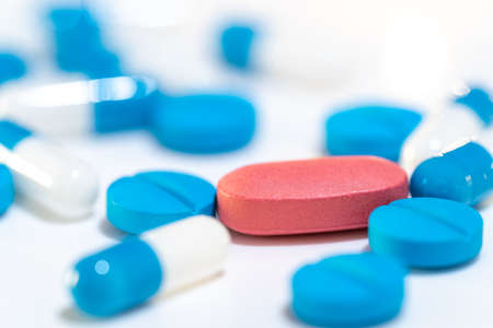 Close-up of assorted pharmaceutical medicine pills, tablets and capsules.Pills background.の写真素材