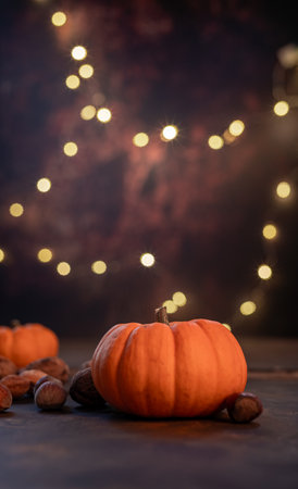 Autumn pumpkins and fall decor on a rustic background illuminated with lightの写真素材