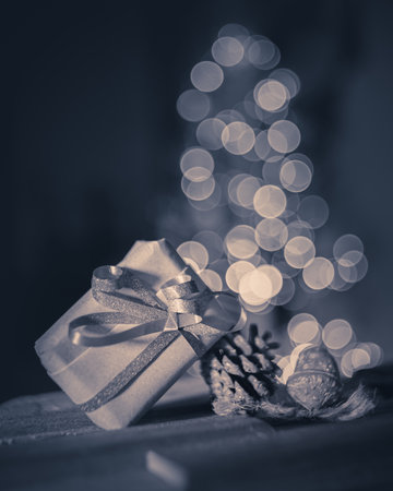 Defocused Image Of Illuminated Christmas Tree Against Black Background. sustainable gift on the foreground. black and white shotの写真素材