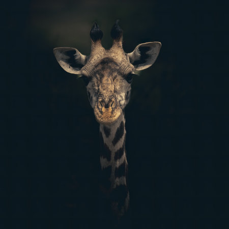 Close-up of a giraffe isolated on clean dark background, looking at the camera as if to say You looking at me? With space for text.の写真素材