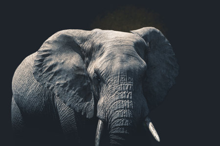 Close-up of an elephant isolated on clean dark background looking at camera, with space for text. Serengeti park, Tanzania.の写真素材