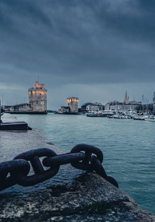 Amazing view of the famous old harbor of La Rochelle on a stormy dayの写真素材