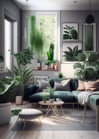 Domestic and cozy interior of living room with green sofa, plants, shelf, coffee table, rug, mock up poster frame, side table, plant and elegant decoration Beige wall. Home decor. created with generative AI technologyの写真素材