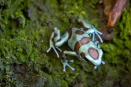The green and black frog (Dendrobates auratus), or green and black poison arrow frog. close-up shot