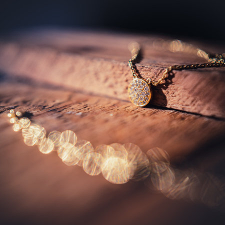 magnificent necklace on a vintage wooden bark. romantic story. Macro shot.の写真素材