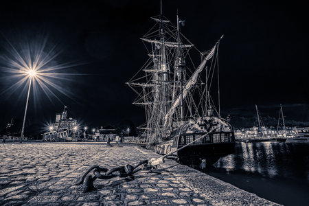 old wooden sail ship moored in the harbor of La Rochelle near the gabut district. night shot in...