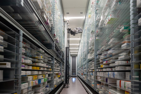 Photography of a pharmacy storage room and a robot hand are arranging and storing drugs in a pharmacy.の写真素材