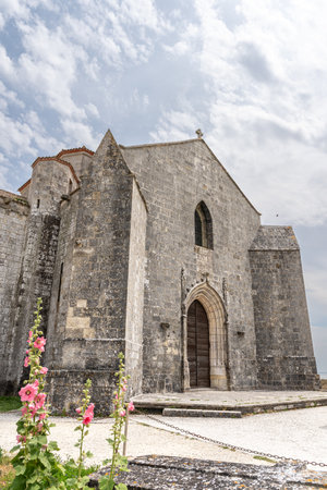 Sainte-Radegonde medieval Church, Talmont sur gironde surrounding wit beautiful dark pink hollyhocks against stormy skyの写真素材