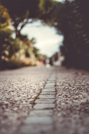 Cobblestone street leading to a blurred background suggesting a journey or a walk through a historic districtの写真素材
