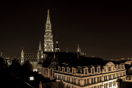 Night view of the coils of the City Hall of Brusselsの写真素材