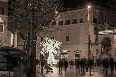 View of a Christmas tree in Matera at night, european City of culture 2019, Basilicata, Italy, Europeのeditorial素材