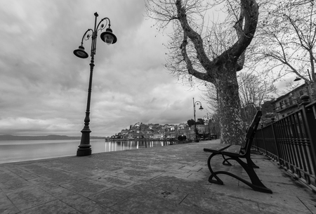 View of Bracciano Lake and Anguillara at sunriseの写真素材