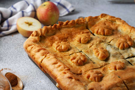 Homemade apple pie with decorations, close-up on the side, cut into pieces