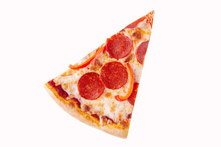 Slice of pizza with peperroni on white background, isolateの写真素材