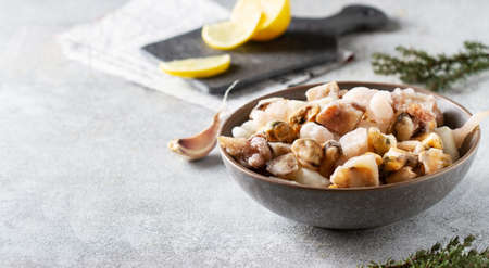 Mix of frozen sliced ââseafood in a cup, copy spaceの写真素材