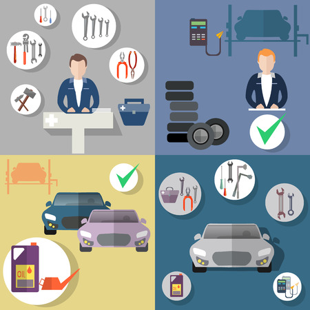 Auto repair, tire service, diagnostics of the vehicle, vehicle repair, flat icon setのイラスト素材