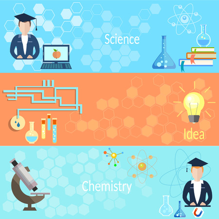 Education and Training: school, teacher, class, chemistry, physics, computer, microscope, students, online learning, vector bannersのイラスト素材