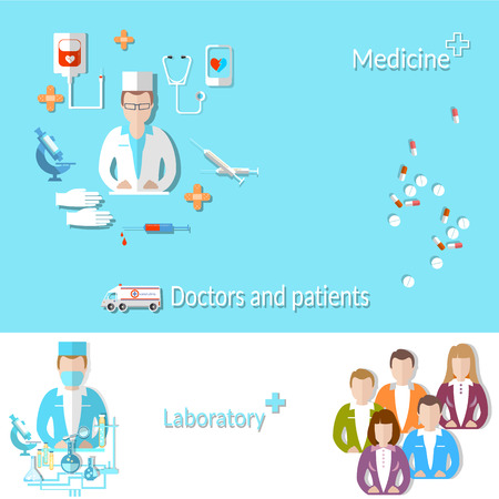 Medicine: doctor, patient, medical education, research, pill, microscope, vector illustrationのイラスト素材