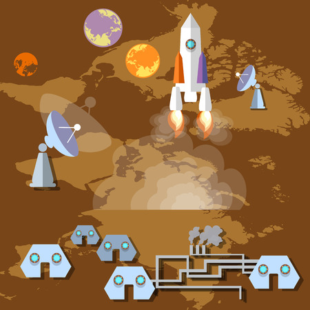 Colonization of Mars: rocket, spaceship, spaceport, planets, orbit,future, study, universe, vector illustrationのイラスト素材