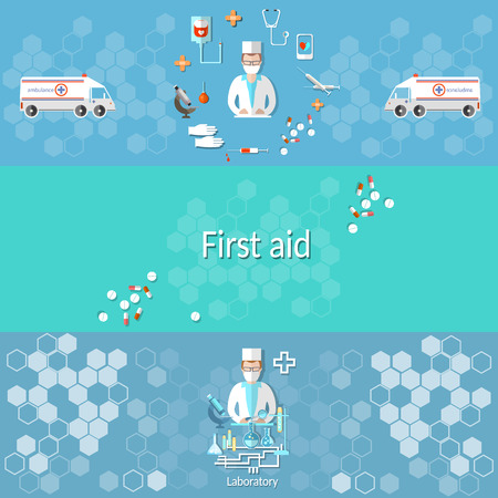 Medicine: ambulance, pharmacology, pharmacist, doctor, syringes, pills, medical research, cross, syringe, microscope, vector bannersのイラスト素材